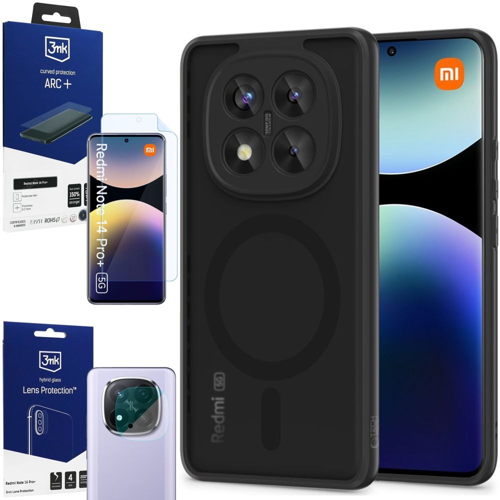 Etui Hybrydowe Clear Case z MagSafe | Matte Black + FOLIA 3mk + 4x APARAT do Xiaomi Redmi Note 14 Pro+ Plus 5G