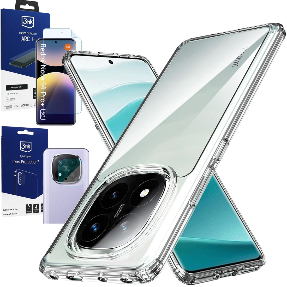 Pancerne Etui 3mk Armor Case | Clear + FOLIA 3mk + 4x APARAT do Xiaomi Redmi Note 14 Pro+ Plus 5G