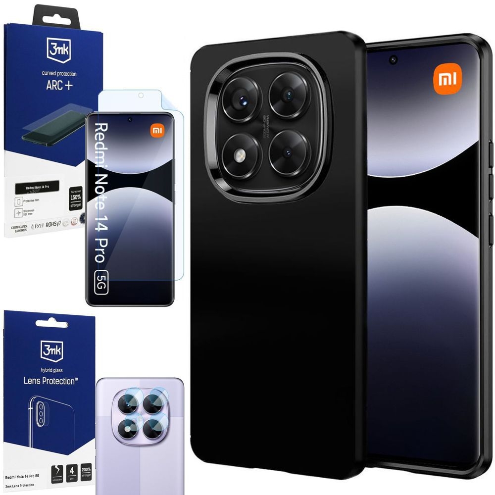 Cienkie Etui 3mk Matt Case | Black + FOLIA 3mk + 4x APARAT do Xiaomi Redmi Note 14 Pro 5G