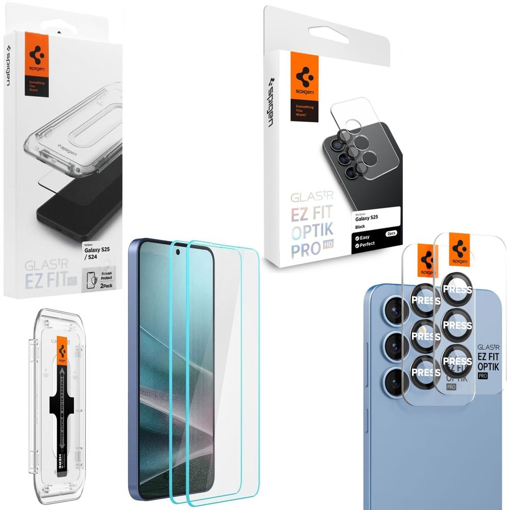 ZESTAW SPIGEN EZ Fit : 2x Szkło Hartowane Glas.tR HD + 2x Osłony na Aparat OPTIK Pro do Samsung Galaxy S25 |