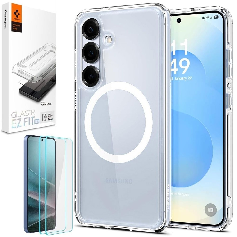 Etui SPIGEN Ultra Hybrid MagSafe | Clear White + 2x SZKŁO Spigen do Samsung Galaxy S25+ Plus