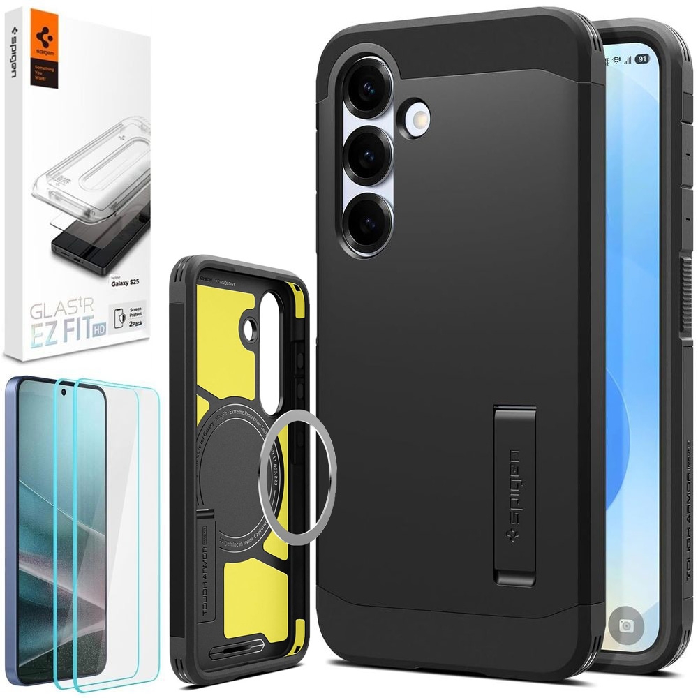 Pancerne Etui SPIGEN Tough Armor z MagSafe | Black + 2x SZKŁO Spigen do Samsung Galaxy S25+ Plus