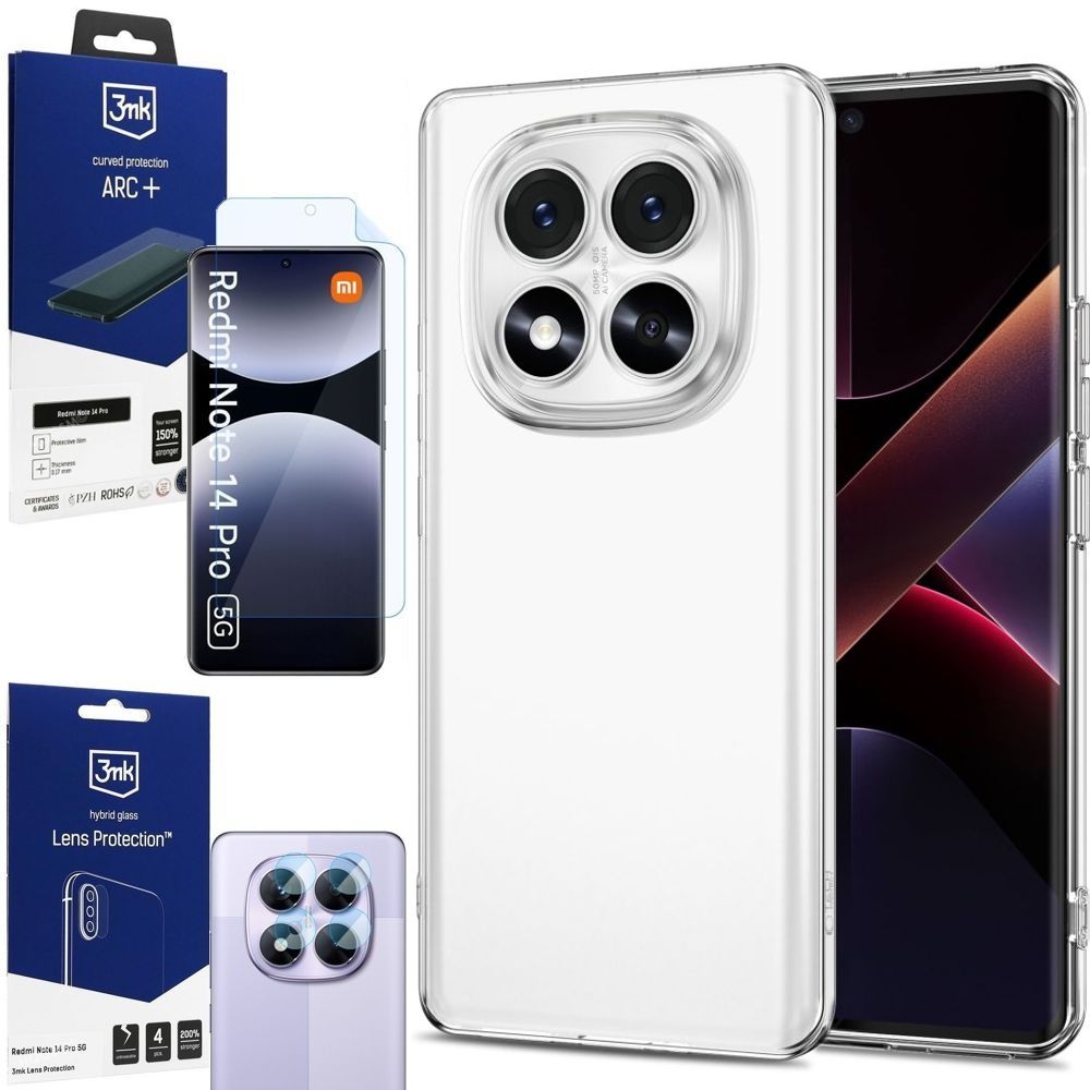 Etui Clear Case | Crystal + FOLIA 3mk + 4x APARAT do Xiaomi Redmi Note 14 Pro 5G