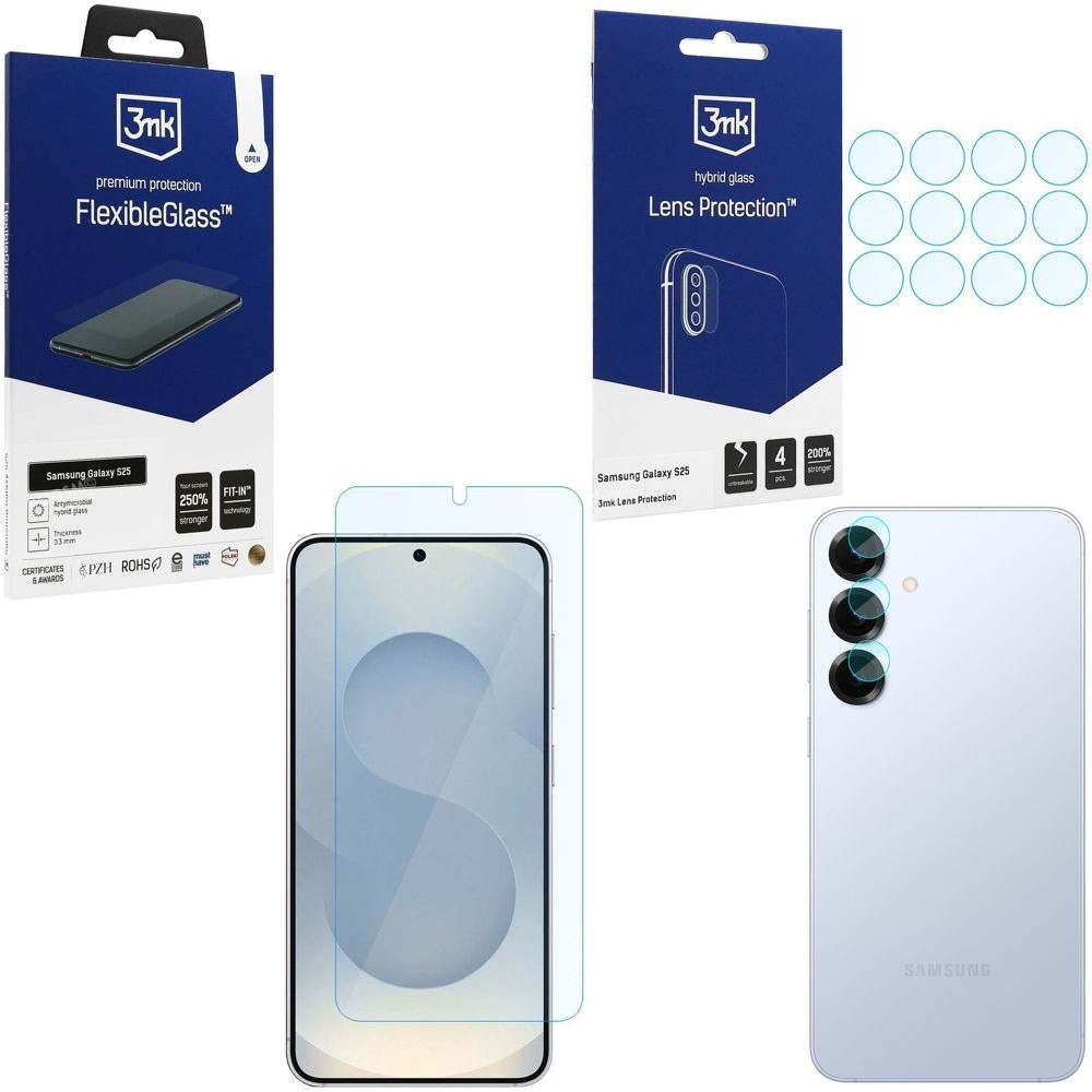 SZKŁO 3mk Flexible Glass + 4x APARAT Lens Protection do Samsung Galaxy S25 |