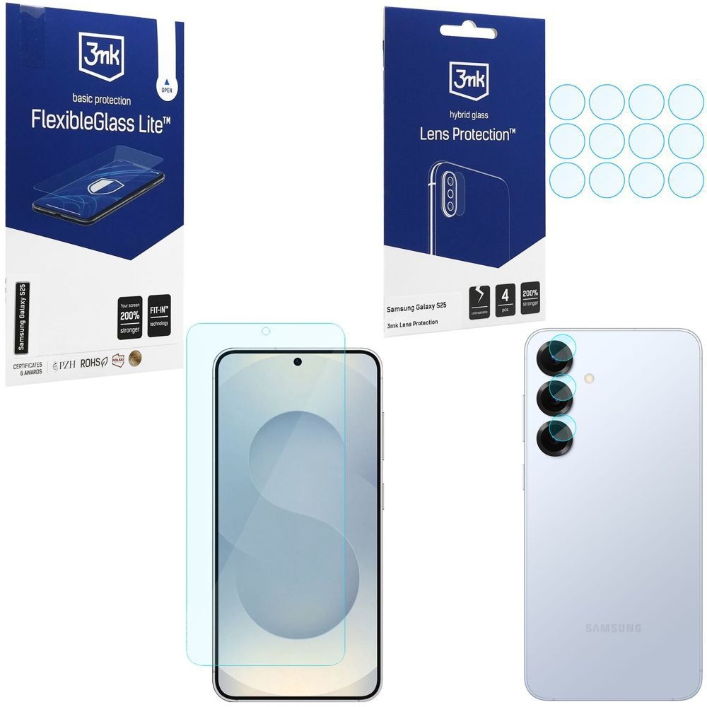 SZKŁO 3mk Flexible Glass Lite + 4x APARAT Lens Protection do Samsung Galaxy S25 |