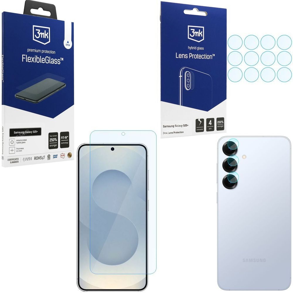 SZKŁO 3mk Flexible Glass + 4x APARAT Lens Protection do Samsung Galaxy S25+ Plus