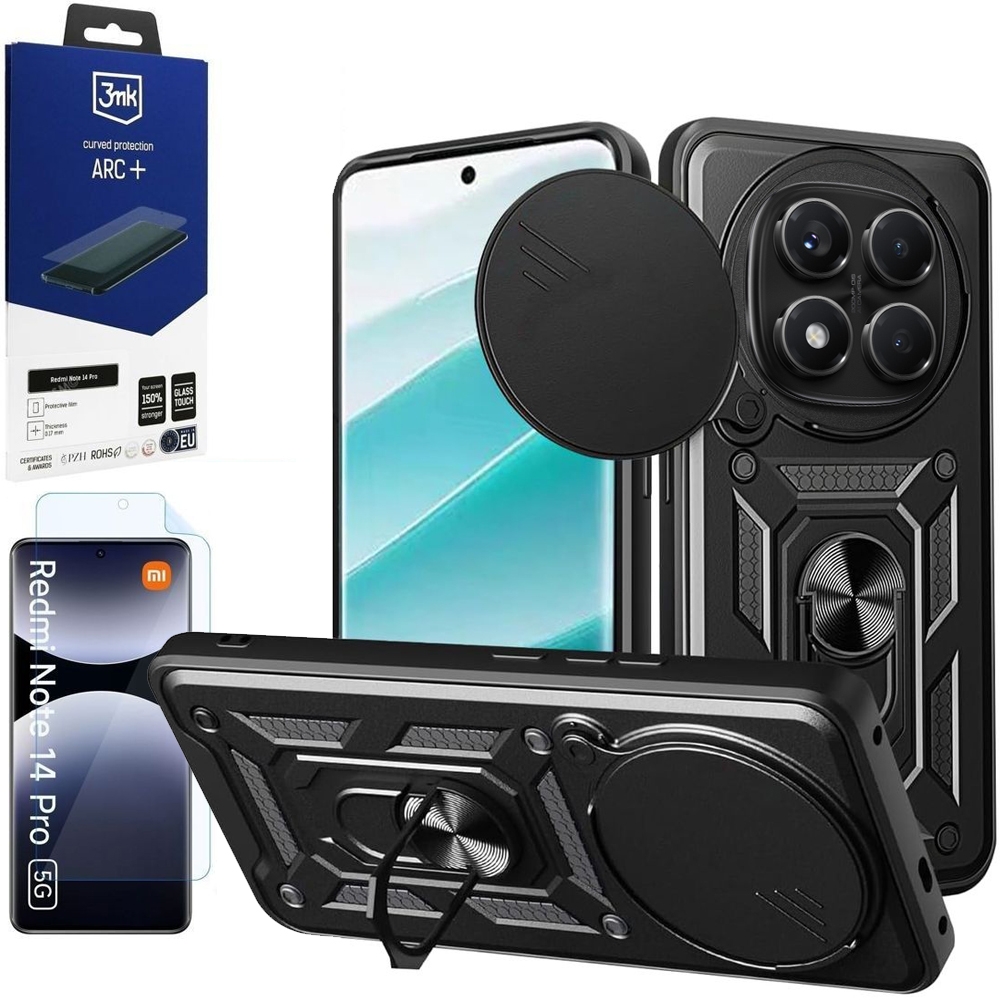 Hybrydowe Etui Ring Camshield | Czarne + FOLIA 3mk do Xiaomi Redmi Note 14 Pro 5G