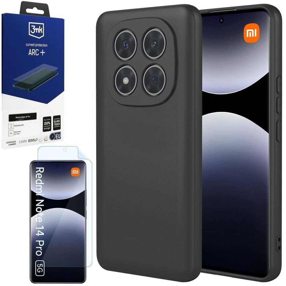 Cienkie Etui Matt Silicone Case | Czarne + FOLIA 3mk do Xiaomi Redmi Note 14 Pro 5G