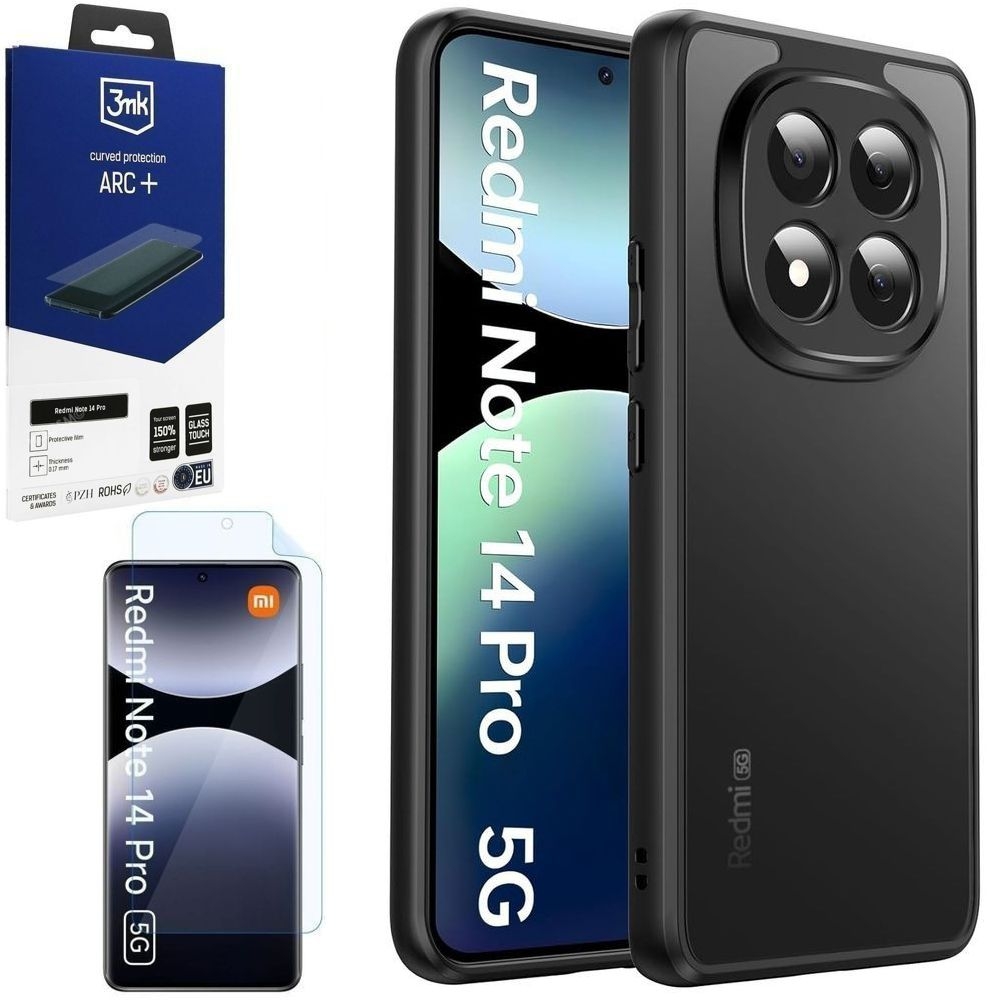 Etui Hybrydowe Clear Case | Matte Black + FOLIA 3mk do Xiaomi Redmi Note 14 Pro 5G