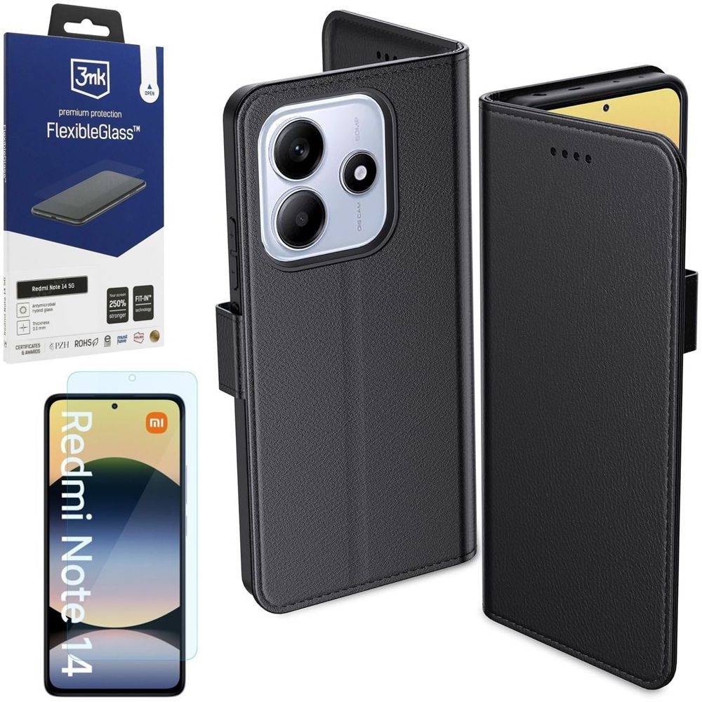 Etui z Klapką Wallet Case | Czarne + SZKŁO 3mk FG do Xiaomi Redmi Note 14 5G