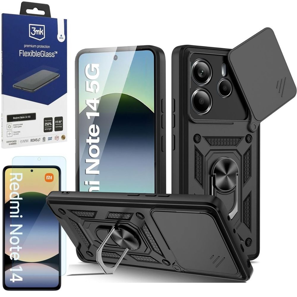 Hybrydowe Etui Ring Camshield | Czarne + SZKŁO 3mk FG do Xiaomi Redmi Note 14 5G