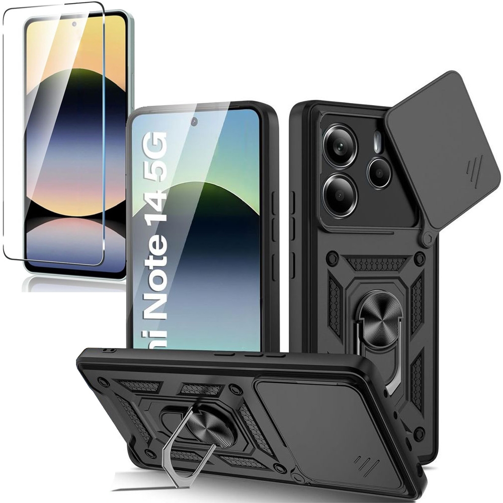 Hybrydowe Etui Ring Camshield | Czarne + SZKŁO do Xiaomi Redmi Note 14 5G