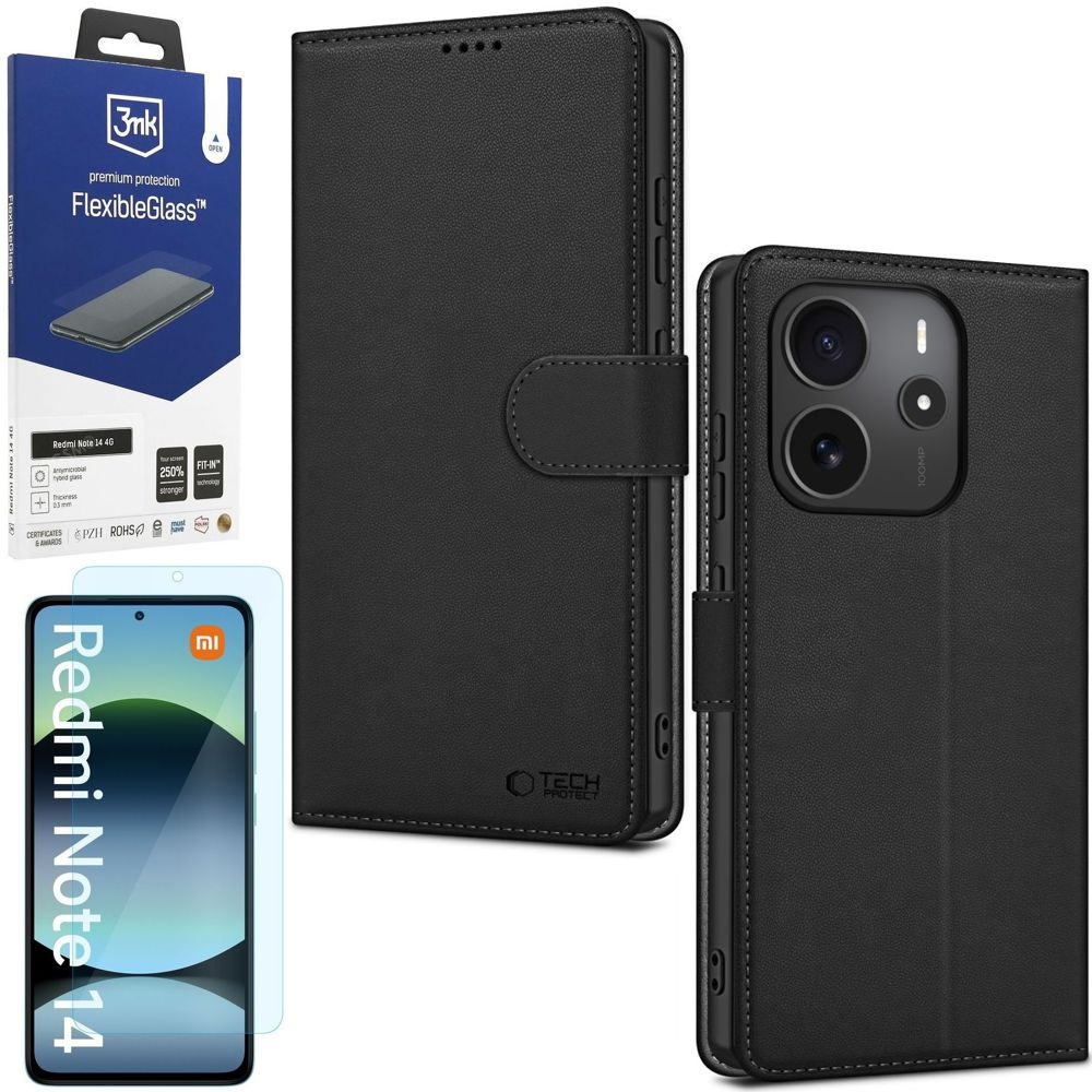 Etui z Klapką Wallet Case | Czarne + SZKŁO 3mk FG do Xiaomi Redmi Note 14 |