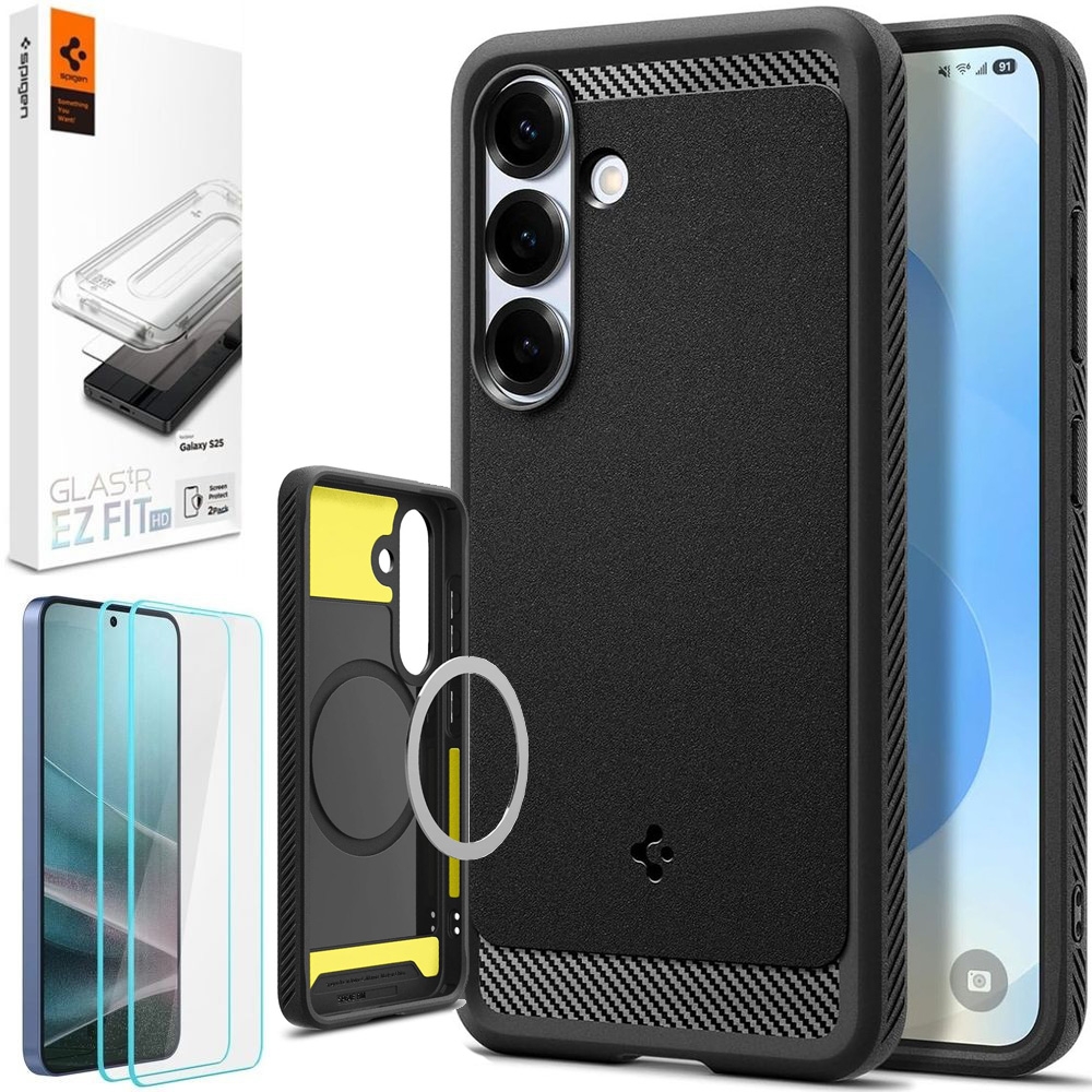 Etui SPIGEN Rugged Armor z MagSafe | Black + 2x SZKŁO Spigen do Samsung Galaxy S25 |
