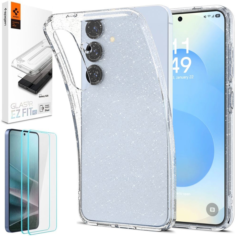 Etui SPIGEN Liquid Crystal Glitter | Crystal Quartz + 2x SZKŁO Spigen do Samsung Galaxy S25 |