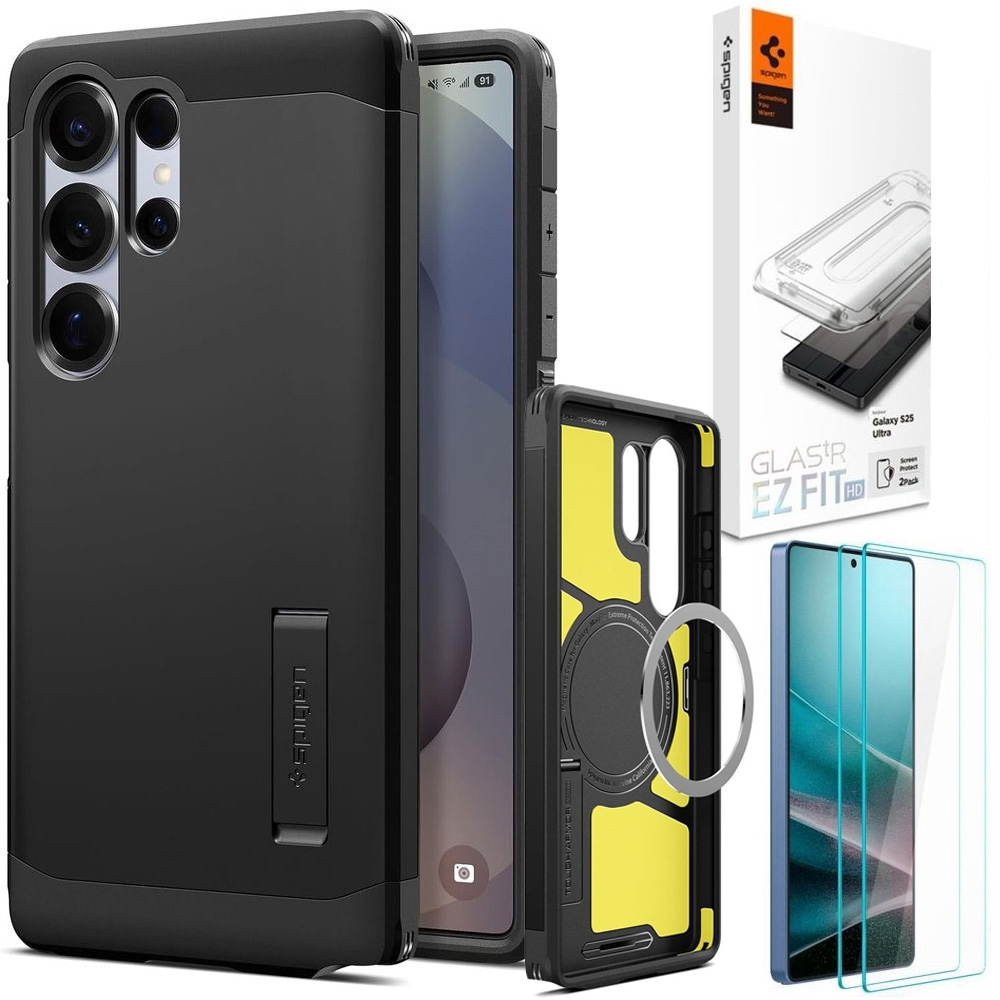 Pancerne Etui SPIGEN Tough Armor z MagSafe | Black + 2x SZKŁO Spigen do Samsung Galaxy S25 Ultra