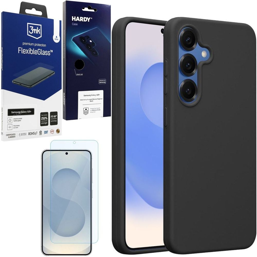 Etui 3mk HARDY Silicone MagCase | Black + SZKŁO 3mk Flexible Glass do Samsung Galaxy S25+ Plus