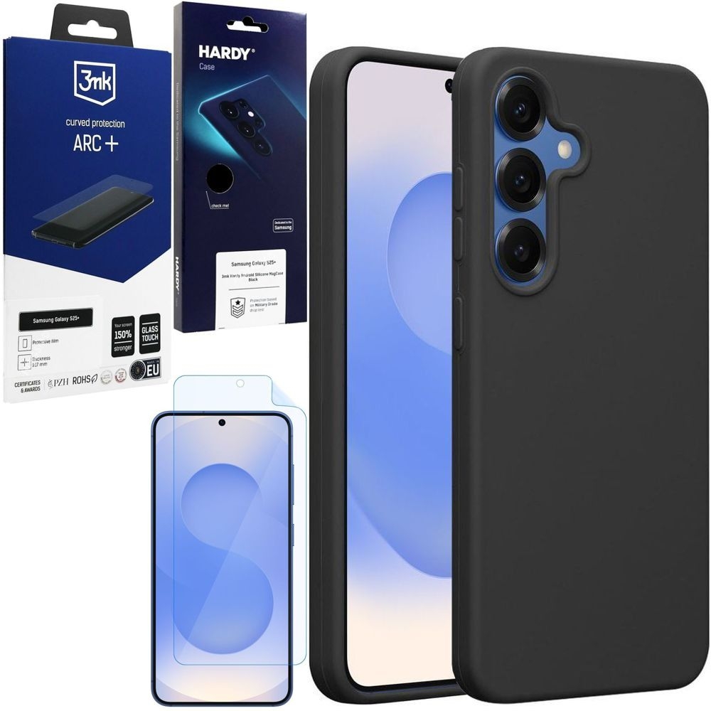 Etui 3mk HARDY Silicone MagCase | Black + FOLIA 3mk ARC+ do Samsung Galaxy S25+ Plus