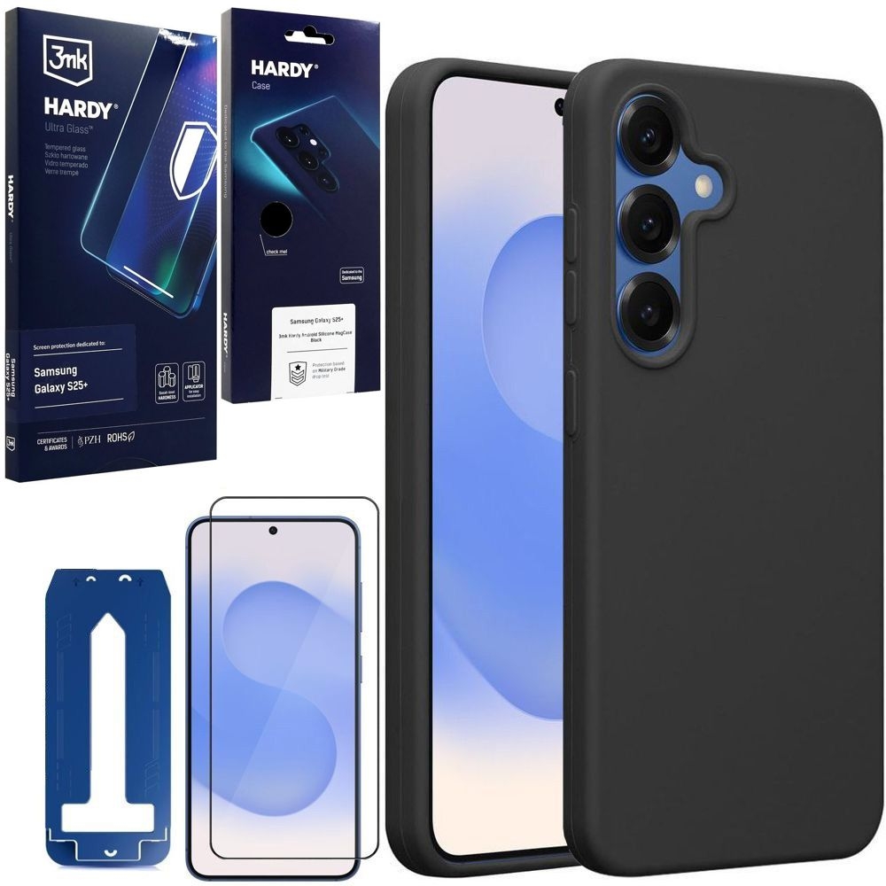 Etui 3mk HARDY Silicone MagCase | Black + SZKŁO Hardy Glass do Samsung Galaxy S25+ Plus