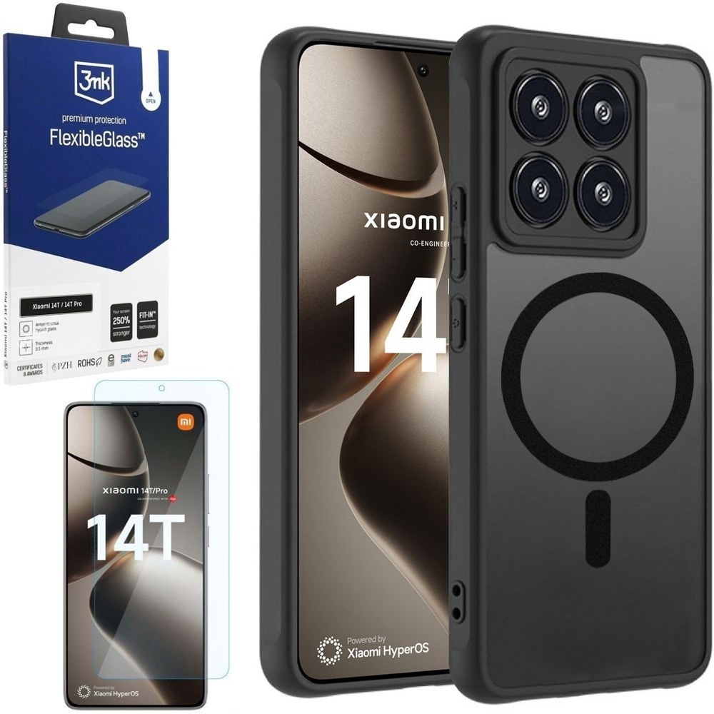 Etui Hybrydowe Clear Case z MagSafe | Matte Black + SZKŁO 3mk FG do Xiaomi 14T