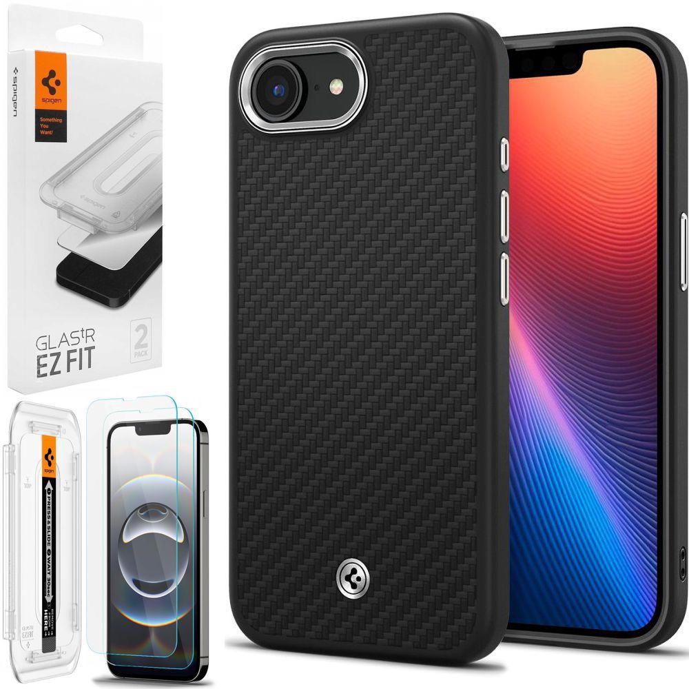 Etui SPIGEN Enzo Aramid MagSafe | Matte Black + 2x SZKŁO Spigen do Apple iPhone 16e