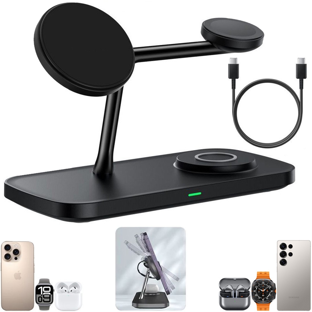 Stacja 3w1 z MagSafe | Bezprzewodowa Ładowarka Indukcyjna Qi2 Stojak | 15W dla Apple i Samsung