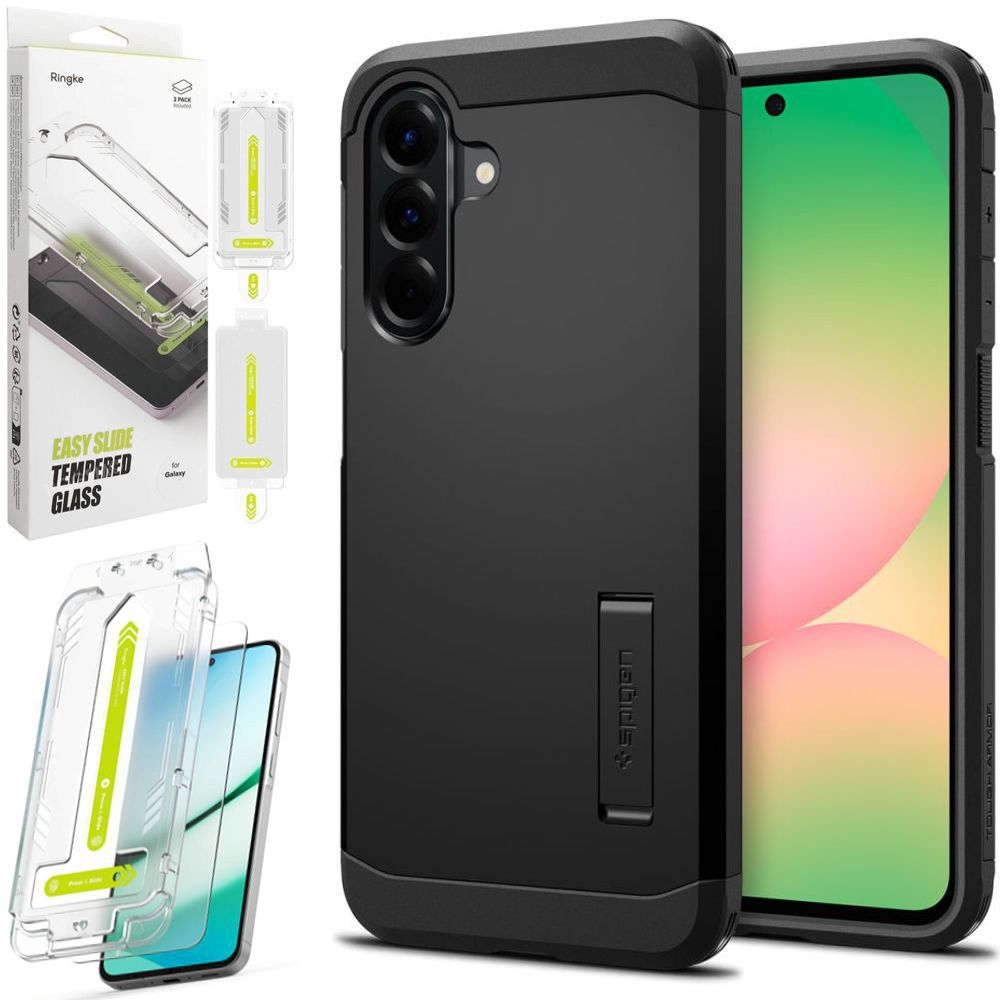 Pancerne Etui SPIGEN Tough Armor | Black + 2x SZKŁO Ringke do Samsung Galaxy A56 5G