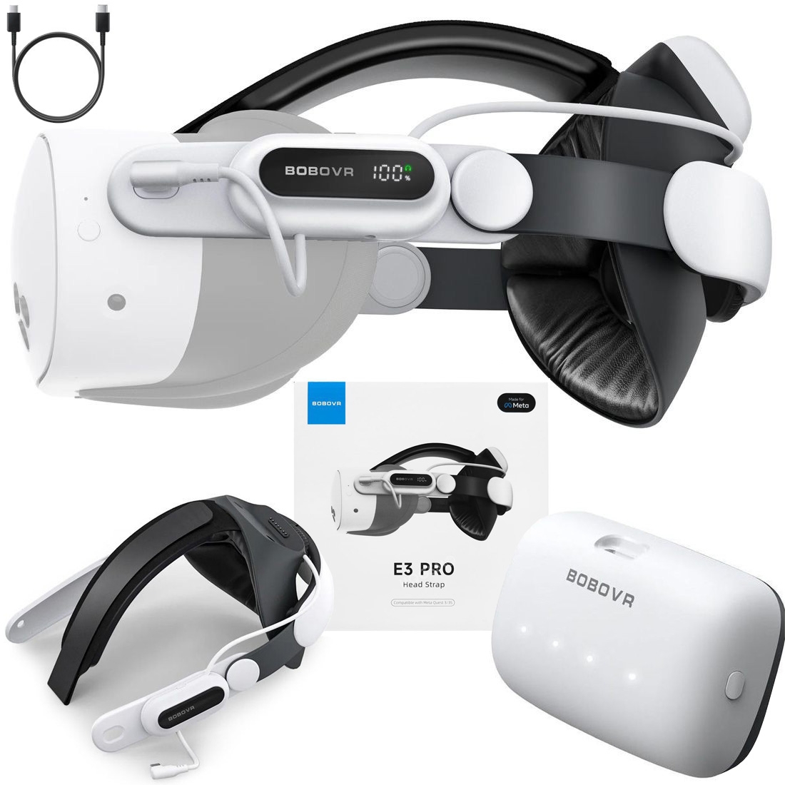 BoboVR E3 Pro | Sztywny Pasek Regulowany z Audio jack 3.5mm + Bateria 10000mAh do Oculus Meta Quest 3 / 3s