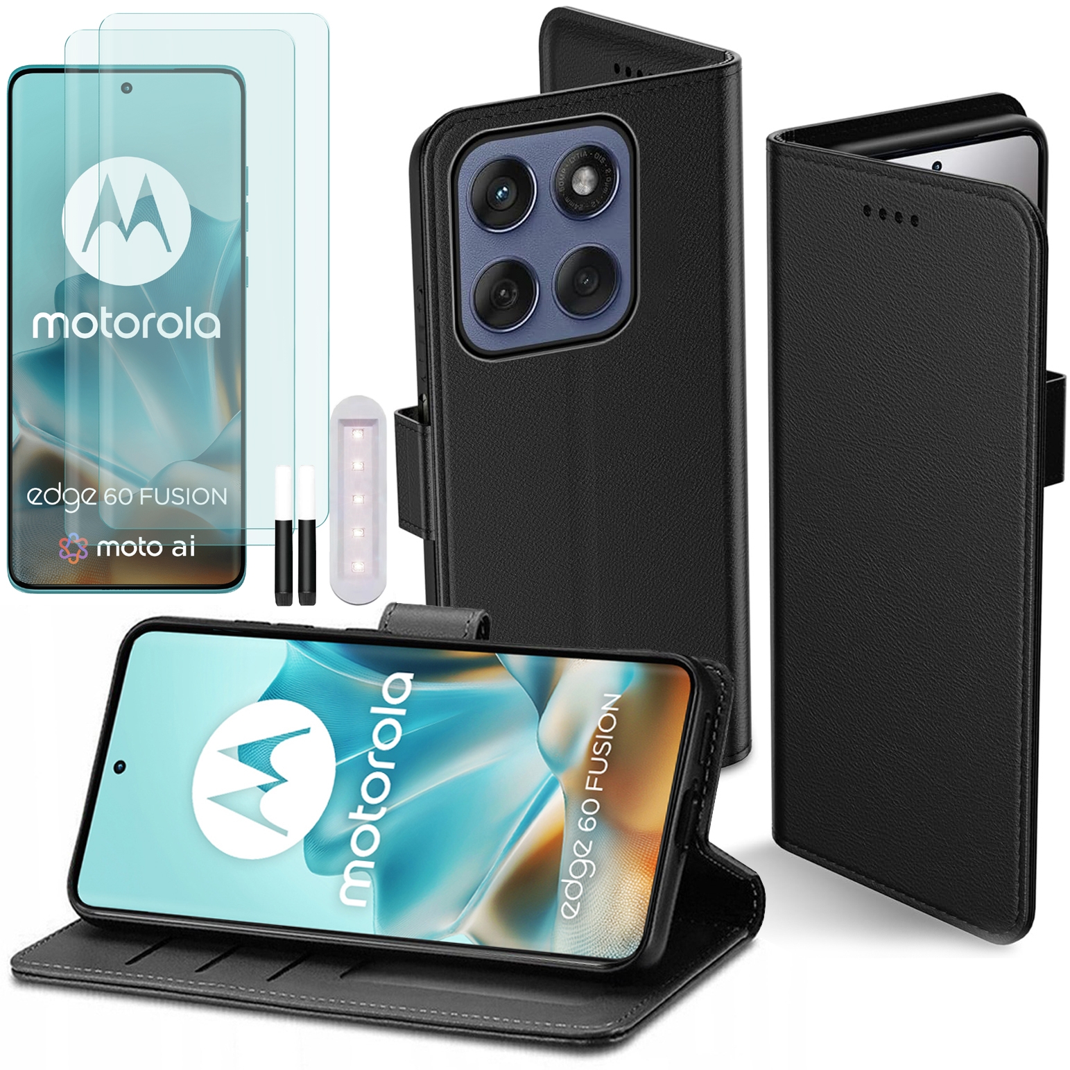 Etui z Klapką Wallet Case | Czarne + 2x SZKŁO UV do Motorola Edge 60 Fusion