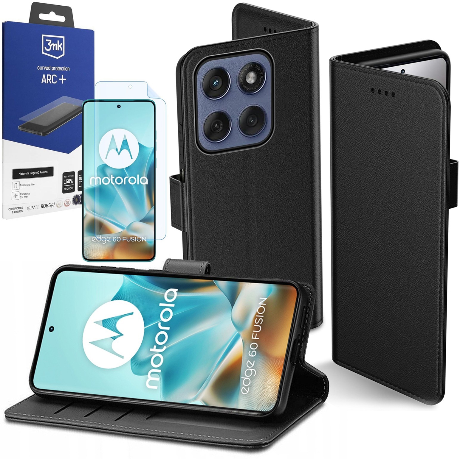 Etui z Klapką Wallet Case | Czarne + FOLIA 3mk do Motorola Edge 60 Fusion