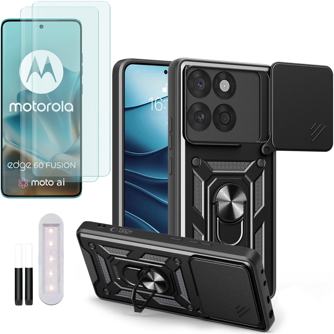 Hybrydowe Etui Ring Camshield | Czarne + 2x SZKŁO UV do Motorola Edge 60 Fusion