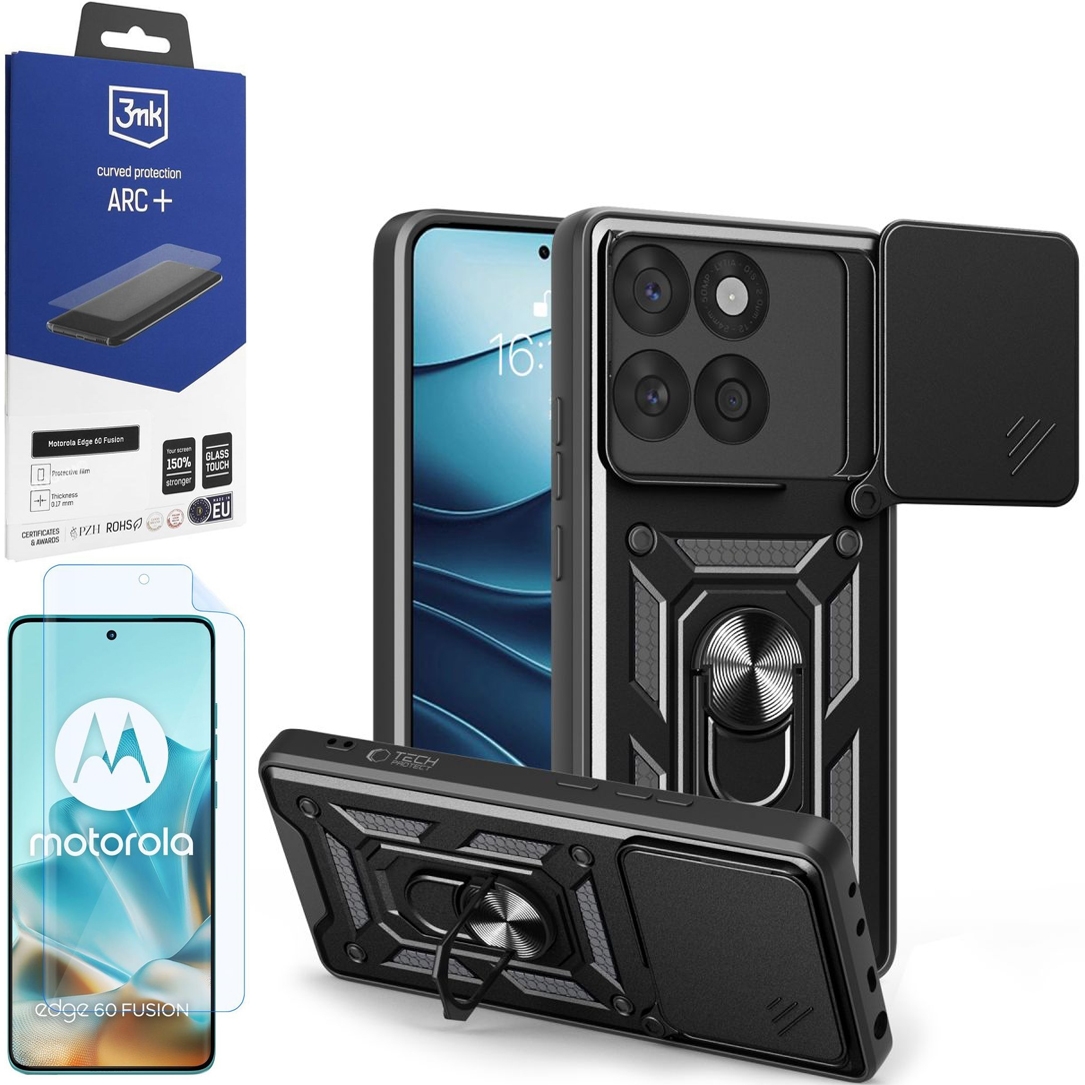 Hybrydowe Etui Ring Camshield | Czarne + FOLIA 3mk do Motorola Edge 60 Fusion