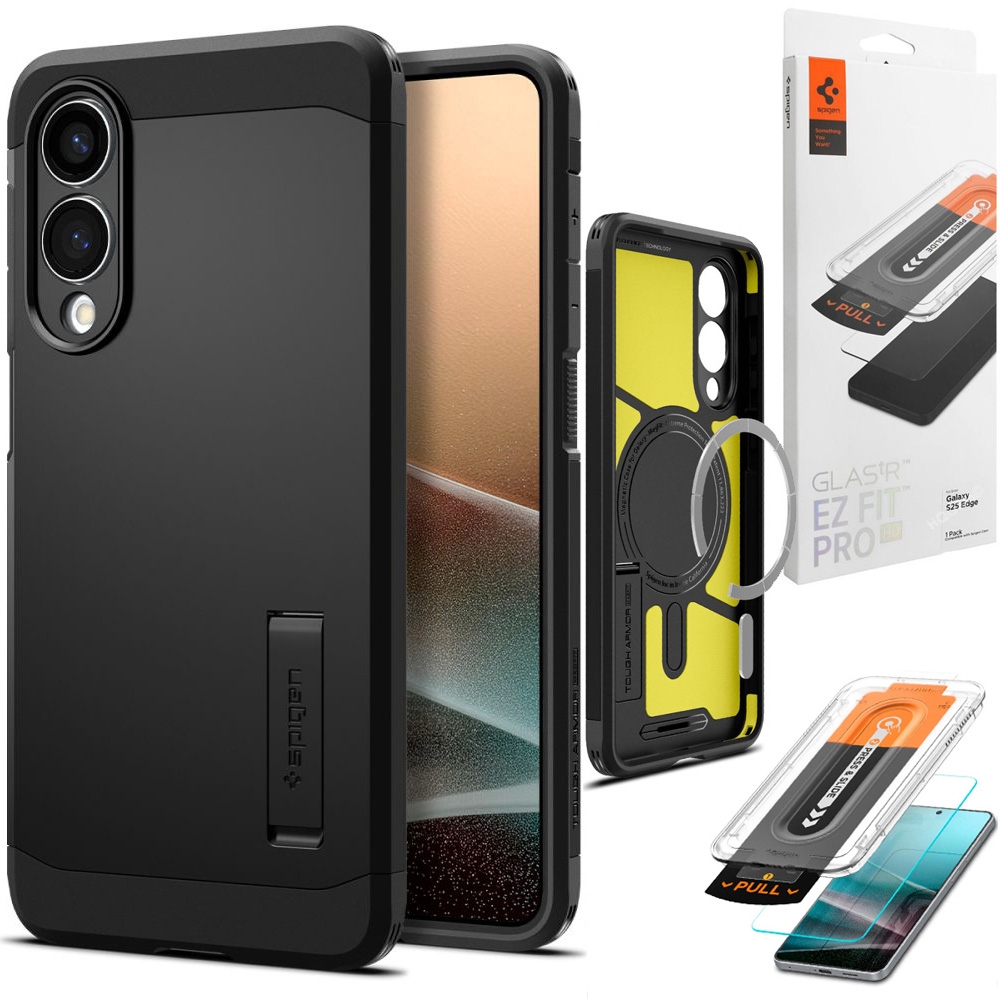 Pancerne Etui SPIGEN Tough Armor z MagSafe Qi2 | Black + SZKŁO Spigen do Samsung Galaxy S25 Edge
