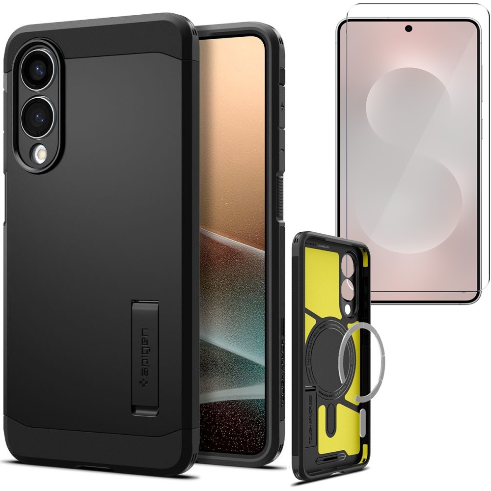 Pancerne Etui SPIGEN Tough Armor z MagSafe Qi2 | Black + SZKŁO do Samsung Galaxy S25 Edge
