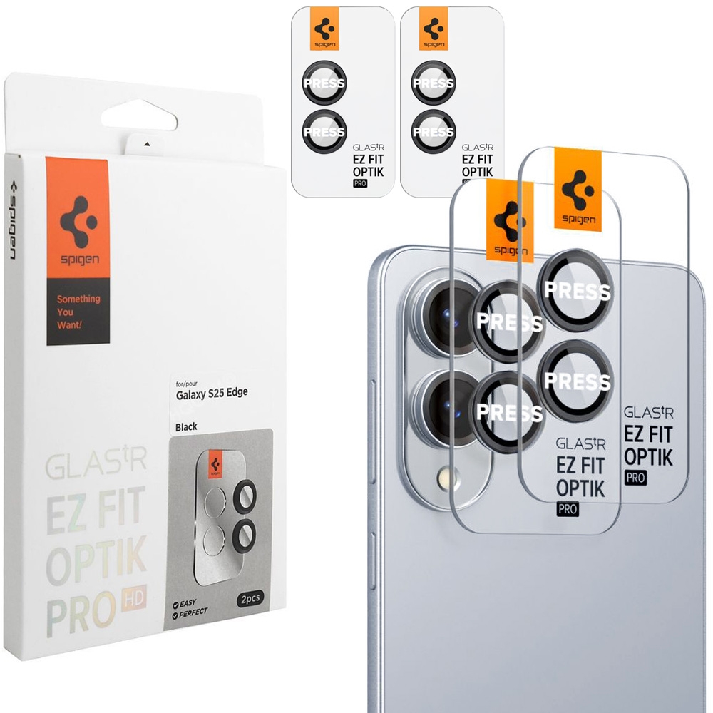 2x SPIGEN EZ Fit OPTIK Pro | Osobne Szkła Hartowane na Aparat | Black do Samsung Galaxy S25 Edge