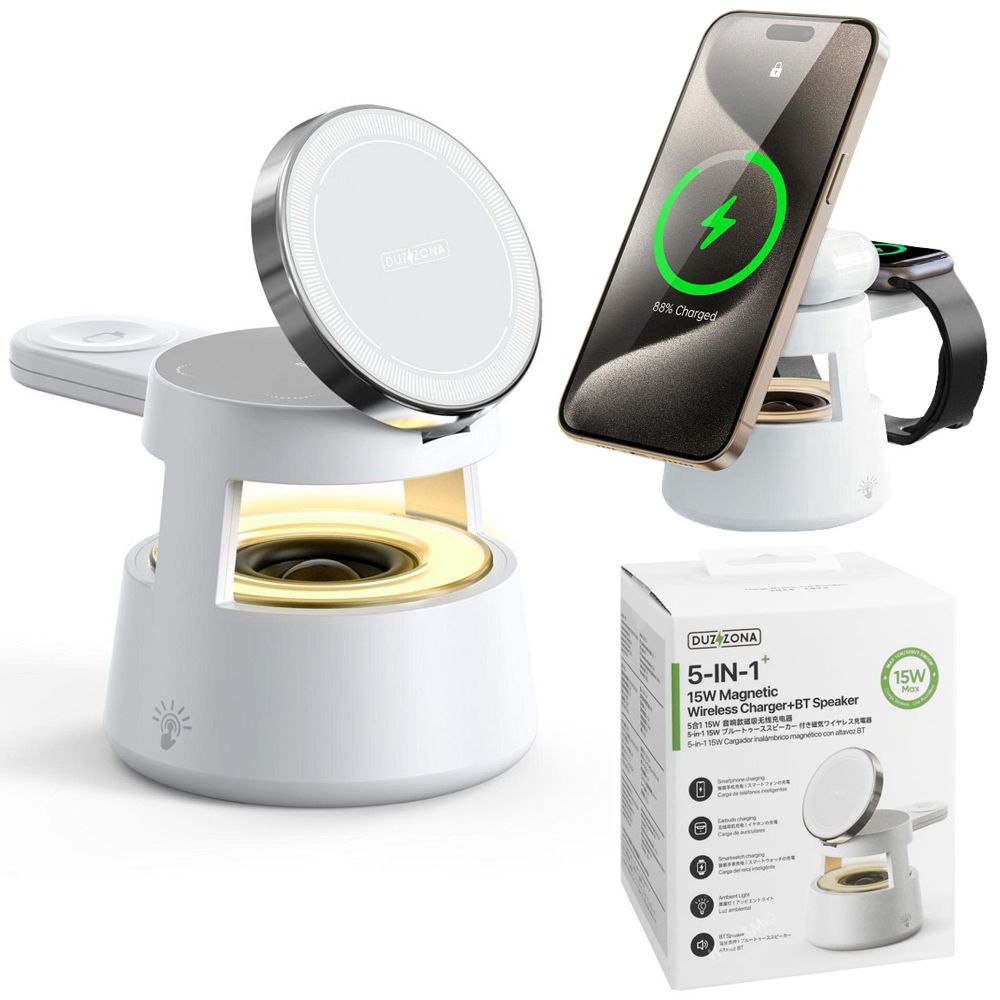 Duzzona 5w1 | Stacja Indukcyjna 3w1 z MagSafe USB-C + Lampka LED + Głośnik Bluetooth | Biała