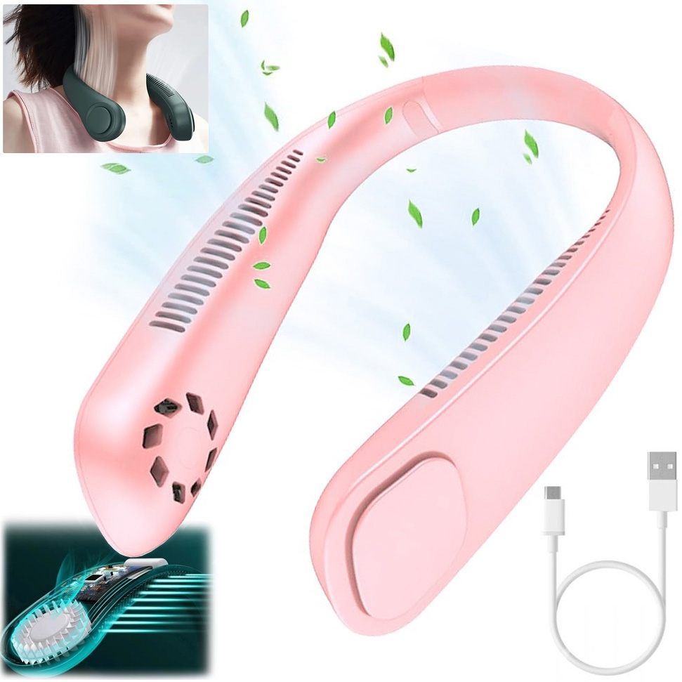 Wentylator Wiatrak na Szyję Bezprzewodowy Przenośny | 3 Tryby Pracy | Różowy