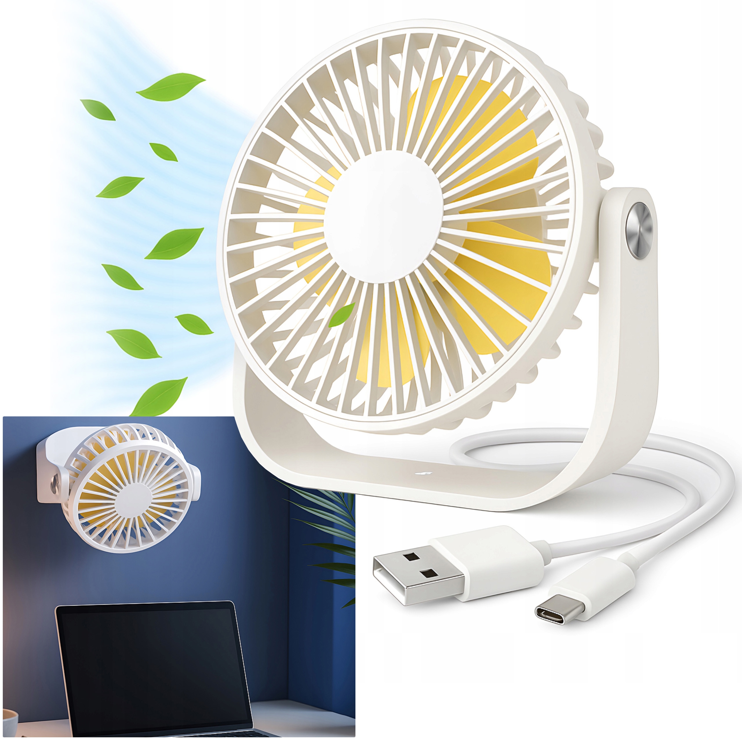 Mocny Mały Wentylator USB-C | Biurkowy Ścienny | Biały
