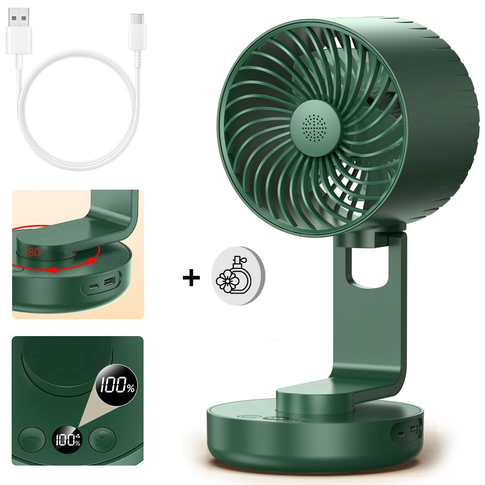Składany Wentylator Oscylacyjny USB-C z Baterią i Timerem | Biurkowy | Zielony + Zapach