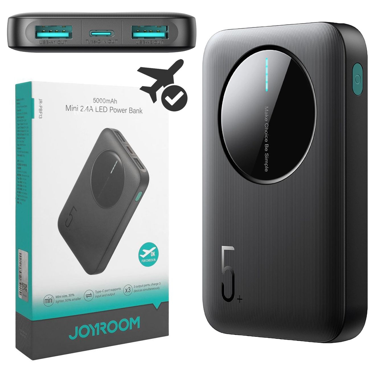 Joyroom | Mini Powerbank 2x USB-A USB-C | 5000mAh | Czarny