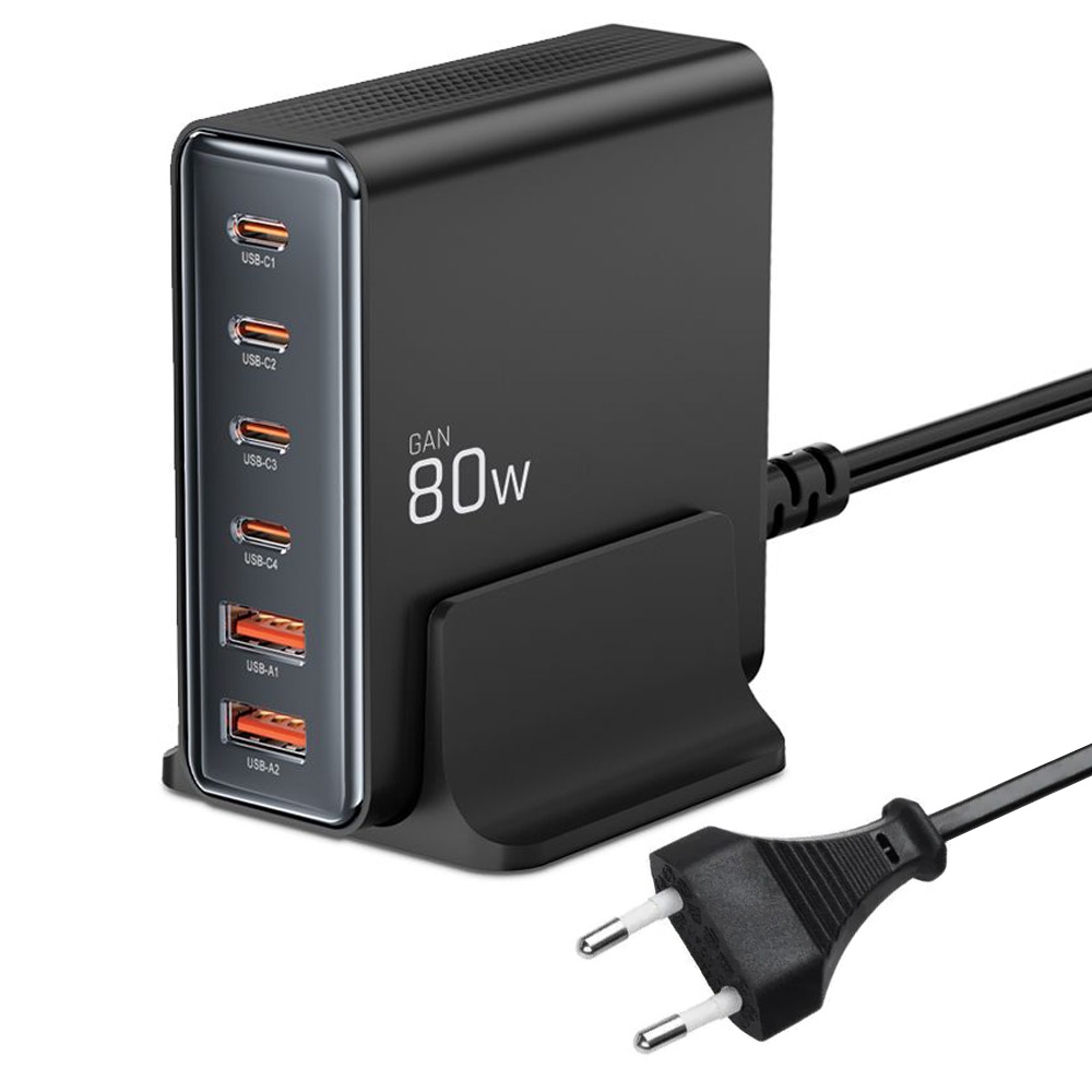 Ładowarka Sieciowa Wieloportowa Stacja Biurkowa 4x USB-C 2x USB | GaN 80W + Kabel 150cm