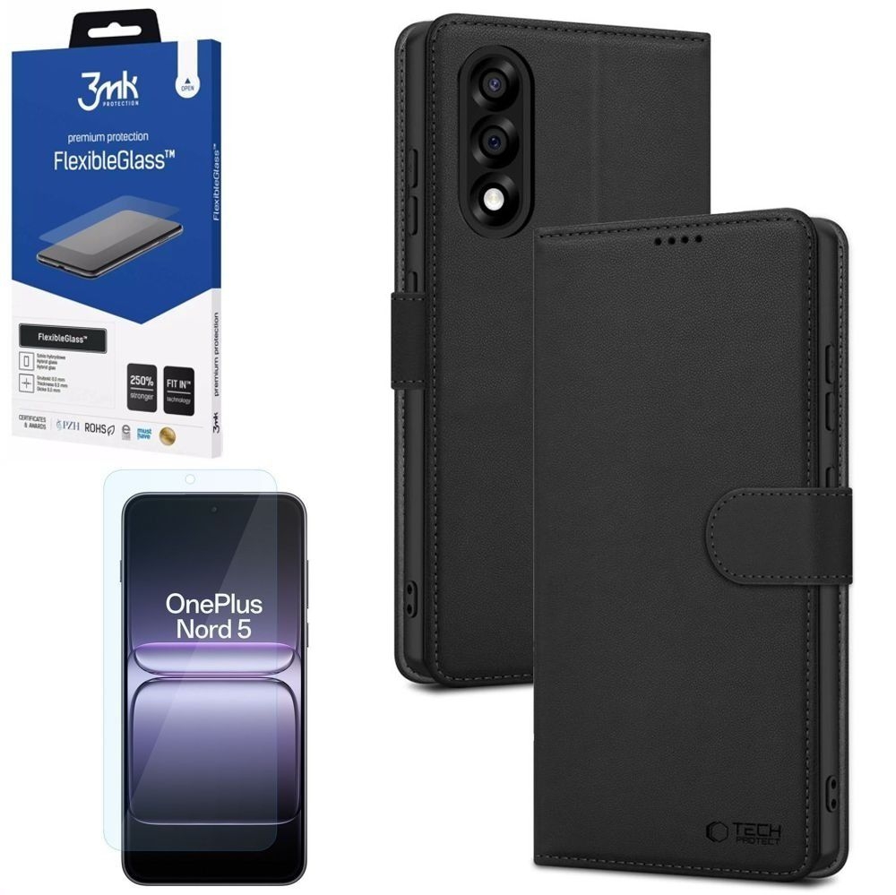 Etui z Klapką Wallet Case | Czarne + SZKŁO 3mk Flexible Glass do OnePlus Nord 5