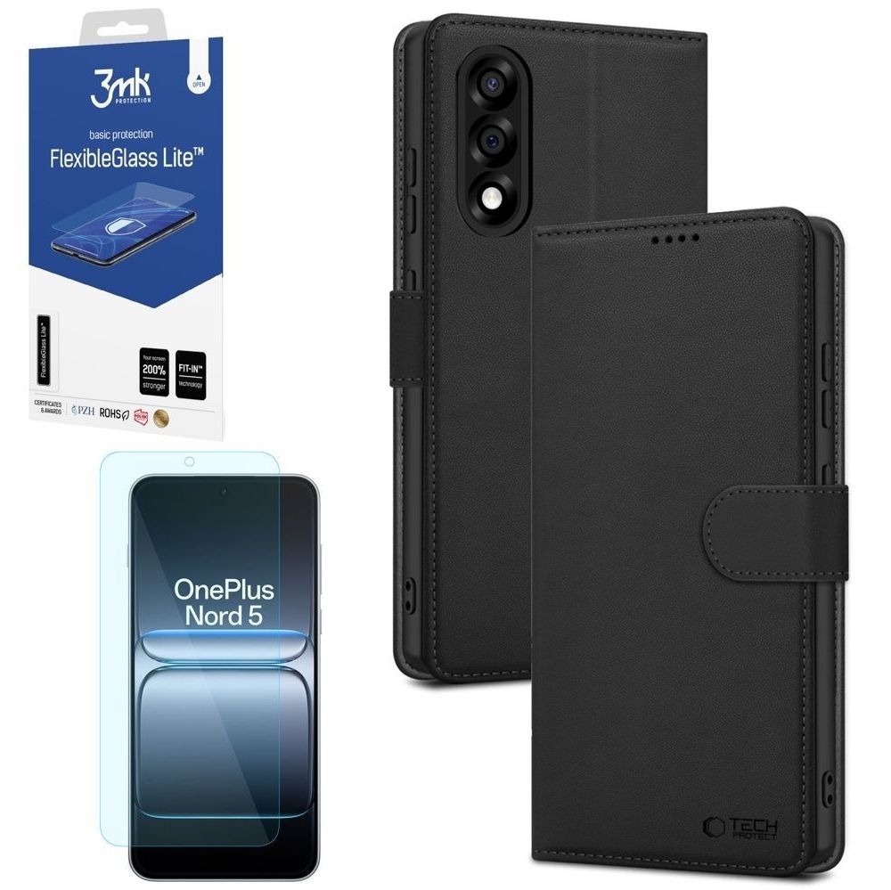 Etui z Klapką Wallet Case | Czarne + SZKŁO 3mk FG Lite do OnePlus Nord 5