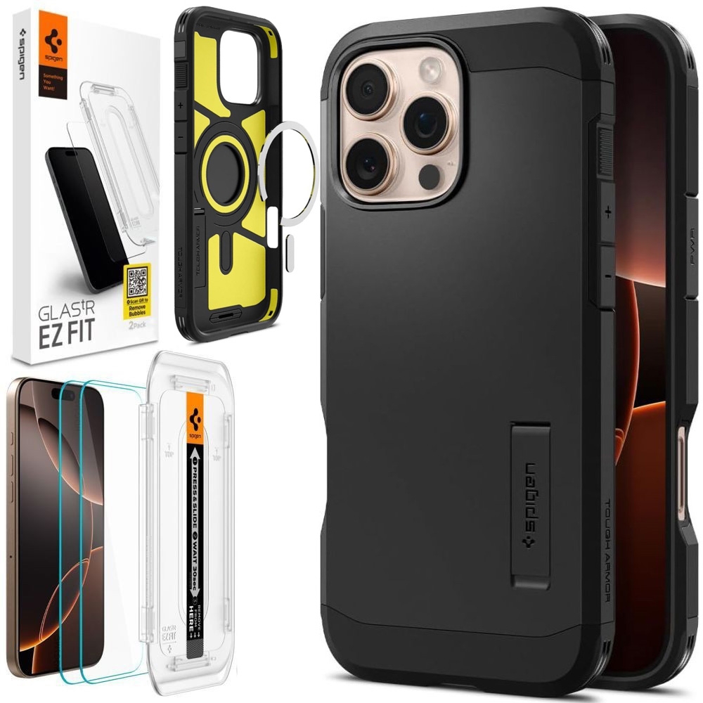 Pancerne Etui SPIGEN Tough Armor z MagSafe | Black + 2x SZKŁO Spigen do Apple iPhone 16 Pro |