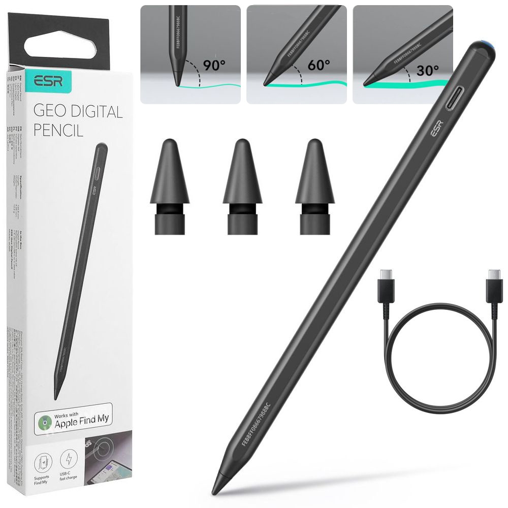 ESR Geo Pencil | Bezprzewodowy Magnetyczny Rysik z USB-C | Czarny | Znajdź Find My Apple