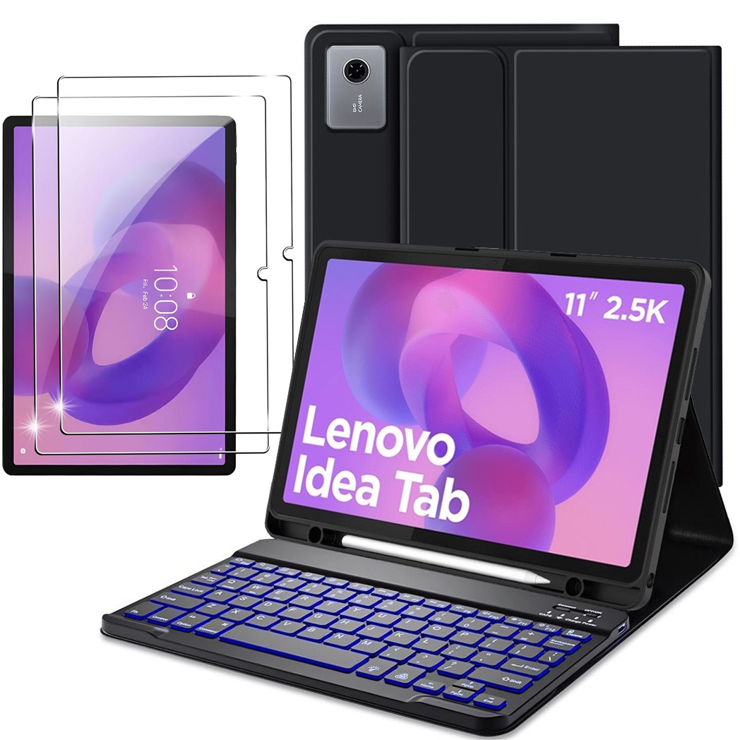 Zamykane Etui Obudowa z Klawiaturą Bluetooth RGB | Czarne + 2x SZKŁO do Lenovo IdeaTab 11&#8243;