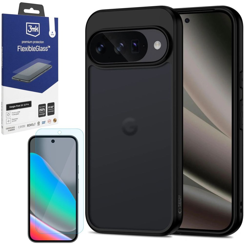 Etui Hybrydowe Matte Case | Black + SZKŁO 3mk Flexible Glass do Google Pixel 10 / 10 Pro
