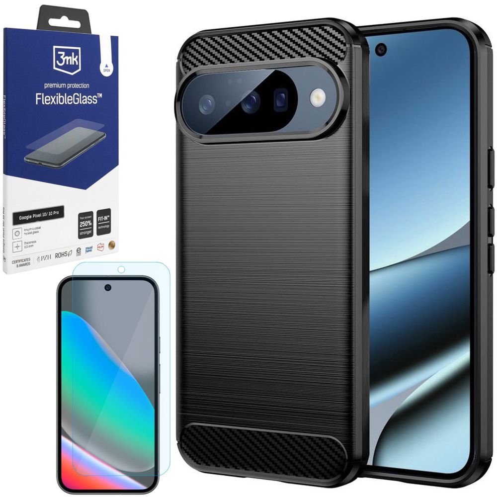 Etui CARBON Soft Case | Coal Black + SZKŁO 3mk Flexible Glass do Google Pixel 10 / 10 Pro