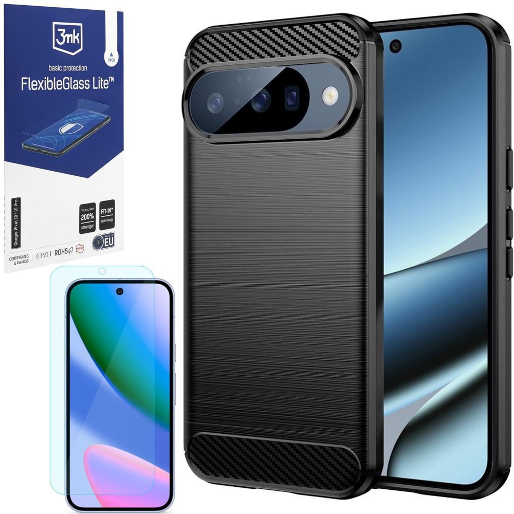 Etui CARBON Soft Case | Coal Black + SZKŁO 3mk Flexible Glass Lite do Google Pixel 10 / 10 Pro