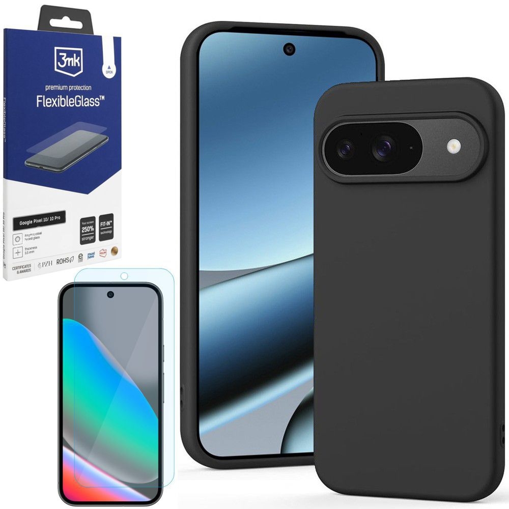 Etui Matt Silicone Case | Czarne + SZKŁO 3mk Flexible Glass do Google Pixel 10 / 10 Pro